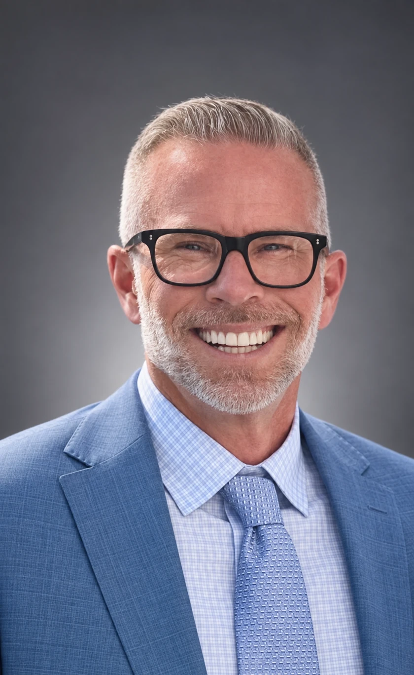 Dr. Brad Stutler smiling in a blue suit against a gray studio background
